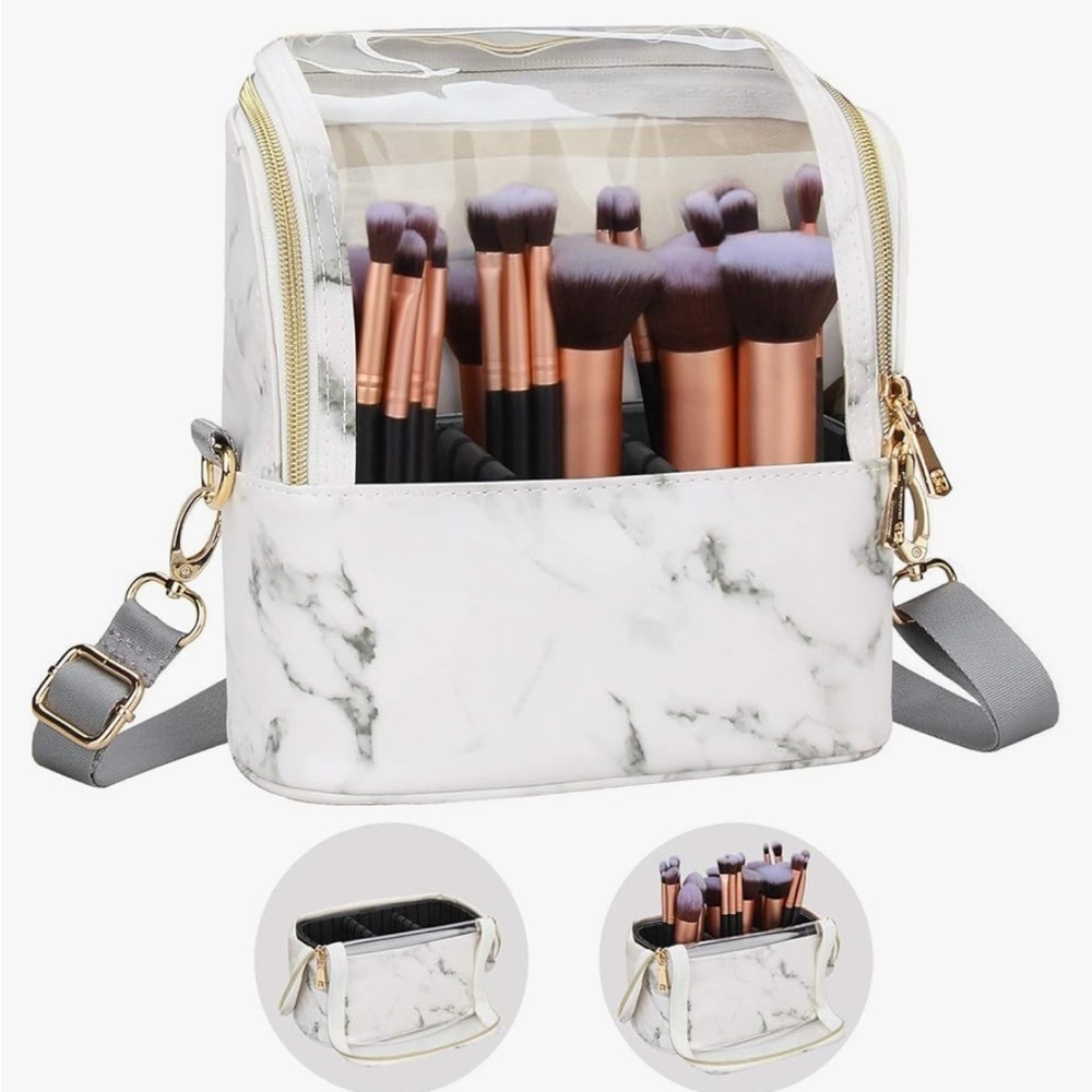 Marble Makeup Brush Bag with Gold Accents